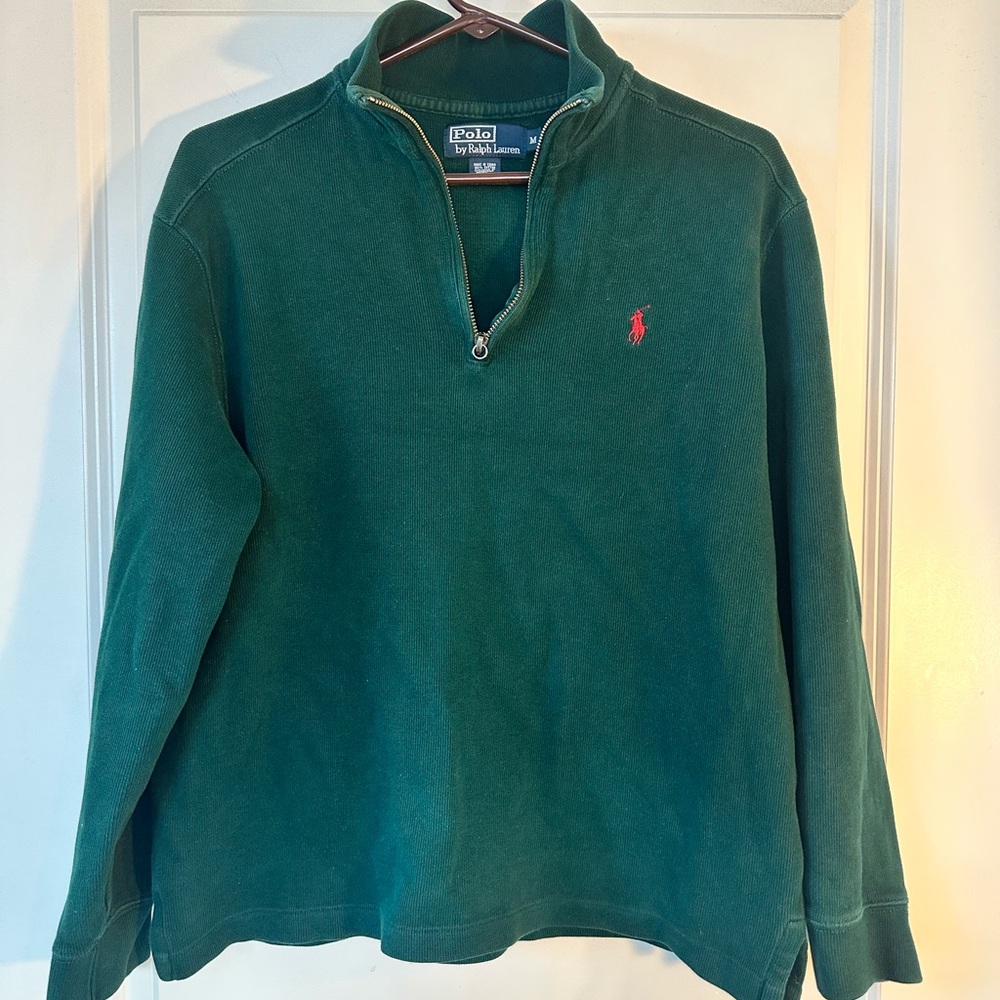Polo Ralph Lauren 100% Cotton 1/4 Zip Black Red Pony pullover Sweater, Medium